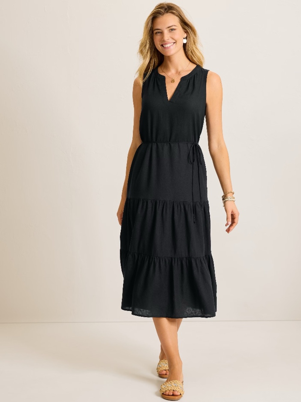 🩵 Tommy Bahama Palm Shores Linen Tiered Midi Dress M Black